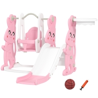 Qaba 4 in 1 Toddler Slide and Swing Set with Climber, Basketball Hoop, Rabbit Themed Kids Playset for Ages 1.5-4, Pink