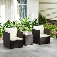 Outsunny Folding Wicker Bistro Set, 3 Piece Patio Furniture Set with Cushions and Glass Coffee Table for Porch, Balcony, Brown(m-10)