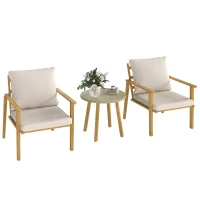 Outsunny 3 Piece Outdoor Bistro Set, Wood Effect Metal Patio Set with Wide and Deep Chairs, Round Table, Cushions, Cream White(m-11)