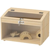 PawHut 22"L Hamster Cage with Openable Top & Acrylic Windows, Small Animal Cage with Hut, Seesaw, Ladder, Natural Wood(m-2)