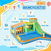 Qaba 8 in 1 Inflatable Bounce House Water Slide with 550W High Power Blower, for 3-8 Years(m-4)
