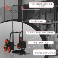 DURHAND 6-Wheels Stair Climber Trolley Cart, Hand Truck and Dolly, Foldable Steel Load Cart, 264lbs Capacity, Black and Red(m-6)