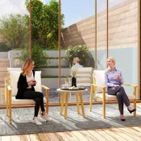 Outsunny 3 Piece Outdoor Bistro Set, Wood Effect Metal Patio Set with Wide and Deep Chairs, Round Table, Cushions, Cream White(m-2)