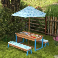 Qaba Kids Picnic Table and Bench Set with Removable Umbrella, Cushions & Boxes, Dinosaur Theme for Outdoor, Blue(m-1)