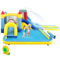 Qaba 6 in 1 Inflatable Water Slide Park with Splash Pools, 2 Slides, Trampoline, Climbing Wall, Cannon, Basketball Hoop(m-1)