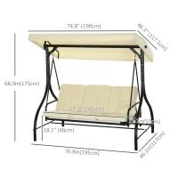 Outsunny Convertible Patio Swing Bed with Canopy and Cushions, 3 Seater Porch Swing for Outdoor, Backyard, Garden, Beige(m-3)