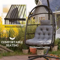 Outsunny Wicker Egg Swing Chair with Stand, Foldable Hanging Egg Chair with UV Resistant Cushion, Headrest, Dark Grey(m-5)