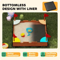 Qaba Kids Wooden Sandbox with Flags, 4 Colorful Built-in Corner Seating, Ground Liner, Gift for Ages 3-7, Wooden Brown(m-7)