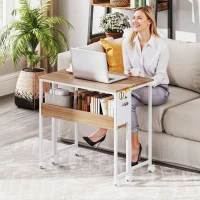 HOMCOM Folding Computer Desk, Foldable Desk with Storage Bag, Shelf and Wheels for Small Spaces, Home Office, Natural Wood(m-9)