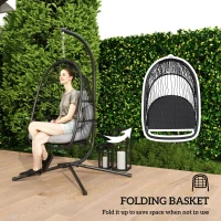 Outsunny Wicker Egg Swing Chair with Stand, Foldable Hanging Egg Chair with UV Resistant Cushion, Headrest, Dark Grey(m-6)