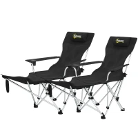 Outsunny Set of 2 Reclining Camping Chair with Foot Rest, Folding Camping Chair w/ Headrest, Cup Holder, Storage Bag, Black(m-2)