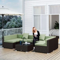 Outsunny 7 Pieces Outdoor Rattan Furniture Set, Patio Wicker Sectional Conversation Sofa Set, Light Green(m-8)