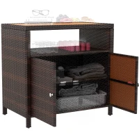 Outsunny Outdoor Storage Cabinet with Acacia Wood Top, Two Doors, Shelf, Wicker Bar Table for Pool Towel Storage, Brown(m-11)