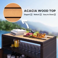 Outsunny Outdoor Storage Cabinet with Acacia Wood Top, Two Doors, Shelf, Wicker Bar Table for Pool Towel Storage, Brown(m-6)