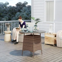 Outsunny 31.5" Outdoor Round Patio Table with Umbrella Hole, Bistro Coffee Table with Tempered Glass Top for Garden, Brown(m-1)