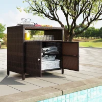 Outsunny Outdoor Storage Cabinet with Acacia Wood Top, Two Doors, Shelf, Wicker Bar Table for Pool Towel Storage, Brown(m-9)