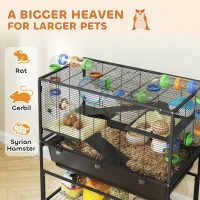 PawHut 3 Tier Hamster Cage, Rolling Rat Cage with Deep Tray, Storage Shelf, Big Exercise Wheel, Hut, Tube System(m-4)