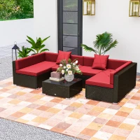Outsunny 7 Pieces Garden Wicker Sectional Set,  Patio Wicker Sectional Conversation Sofa Set, Wine Red(m-8)