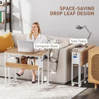 HOMCOM Folding Computer Desk, Foldable Desk with Storage Bag, Shelf and Wheels for Small Spaces, Home Office, Natural Wood(m-4)