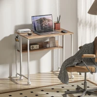 HOMCOM Folding Computer Desk, Foldable Desk with Storage Bag, Shelf and Wheels for Small Spaces, Home Office, Natural Wood(m-7)