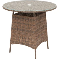 Outsunny 31.5" Outdoor Round Patio Table with Umbrella Hole, Bistro Coffee Table with Tempered Glass Top for Garden, Brown(m-2)