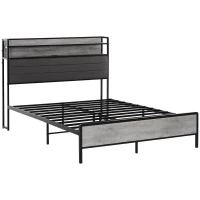 HOMCOM Queen Size Bed Frame with Storage Upholstered Headboard, Queen Bed Frame with LED Lights, Charging Station, Cement Gray(m-12)