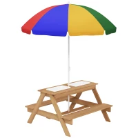 Qaba Wooden Outdoor Kids Picnic Table with Removable Umbrella, Children Sand and Water Activity Table for Patio, Mixed Color(m-12)