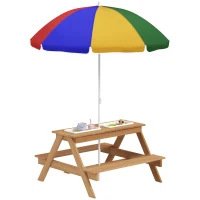 Qaba Wooden Outdoor Kids Picnic Table with Removable Umbrella, Children Sand and Water Activity Table for Patio, Mixed Color(m-11)