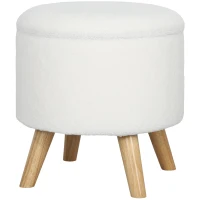 HOMCOM Round Ottoman Stool with Storage, Linen Upholstered Foot Stool with Padded Seat, Hidden Space and Wood Legs, White(m-1)