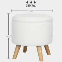 HOMCOM Round Ottoman Stool with Storage, Linen Upholstered Foot Stool with Padded Seat, Hidden Space and Wood Legs, White(m-3)