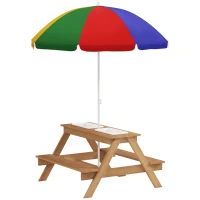 Qaba Wooden Outdoor Kids Picnic Table with Removable Umbrella, Children Sand and Water Activity Table for Patio, Mixed Color(m-1)