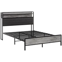 HOMCOM Full Bed Frame with Storage Upholstered Headboard, Full Size Bed Frame with LED Lights, Charging Station, Cement Gray(m-12)