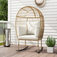 Outsunny Oversized Rocking Chair, Indoor Outdoor Egg Chair w/ Thickened Cushions, Wicker Patio Lounger for Porch, Balcony, Beige(m-1)