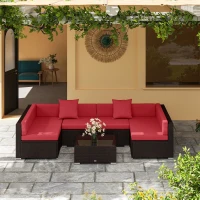 Outsunny 7 Pieces Garden Wicker Sectional Set,  Patio Wicker Sectional Conversation Sofa Set, Wine Red(m-10)