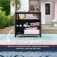 Outsunny Outdoor Storage Cabinet with Acacia Wood Top, Two Doors, Shelf, Wicker Bar Table for Pool Towel Storage, Brown(m-4)