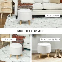 HOMCOM Round Ottoman Stool with Storage, Linen Upholstered Foot Stool with Padded Seat, Hidden Space and Wood Legs, White(m-6)