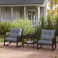 Outsunny 3 Pieces Outdoor PE Rattan Rocker Chair Set, Rocking Chair with Tempered Glass Table Top,25"x26"x28", Grey(m-10)