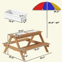 Qaba Wooden Outdoor Kids Picnic Table with Removable Umbrella, Children Sand and Water Activity Table for Patio, Mixed Color(m-3)