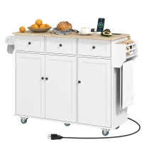 HOMCOM Kitchen Island on Wheels with Drop Leaf, Charging Station, Rolling Kitchen Cart with Wood Top, Adjustable Shelf, White(m-2)