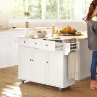 HOMCOM Kitchen Island on Wheels with Drop Leaf, Charging Station, Rolling Kitchen Cart with Wood Top, Adjustable Shelf, White(m-8)
