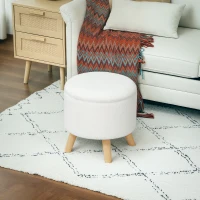 HOMCOM Round Ottoman Stool with Storage, Linen Upholstered Foot Stool with Padded Seat, Hidden Space and Wood Legs, White(m-10)