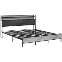HOMCOM King Bed Frame with Storage Upholstered Headboard, King Size Bed Frame with LED Lights, Charging Station, Cement Gray(m-12)