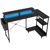 HOMCOM 58" Reversible L Shaped Computer Desk, Corner Desk with Monitor Stand, Power Outlets and LED Lights, Black(m-12)