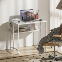 HOMCOM Folding Computer Desk, Foldable Desk with Storage Bag, Shelf and Wheels for Small Spaces, Home Office, White(m-7)