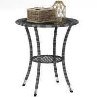 Outsunny Outdoor Rattan Dining Table, Patio Wicker Round Coffee Table with 2-Tier Storage Shelf, Mixed Grey(m-11)
