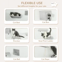 PawHut Cat Wall Shelves Set of 7, Shelves and Perches with House, Sisal Post Ladder, Bed & Ball, Grey(m-5)