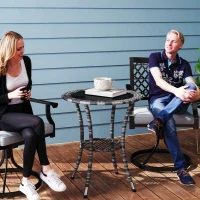 Outsunny Outdoor Rattan Dining Table, Patio Wicker Round Coffee Table with 2-Tier Storage Shelf, Mixed Grey(m-1)