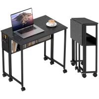 HOMCOM Folding Computer Desk, Foldable Desk with Storage Bag, Shelf and Wheels for Small Spaces, Home Office, Black(m-11)