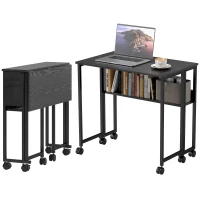 HOMCOM Folding Computer Desk, Foldable Desk with Storage Bag, Shelf and Wheels for Small Spaces, Home Office, Black(m-1)
