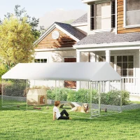 PawHut Outdoor Dog Kennel w/ Adjustable & Rotatable Bowl Rack, Waterproof UV-Resistant Cover, Secure Lock, 19.7' x 7.5' x 7.5'(m-10)
